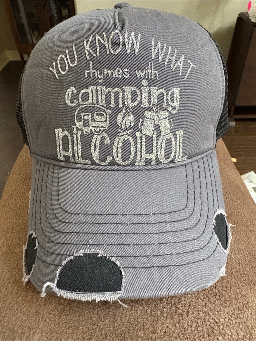 YOU KNOW WHAT Rhymes With Camping Hat - Gray Distressed Mesh Cap